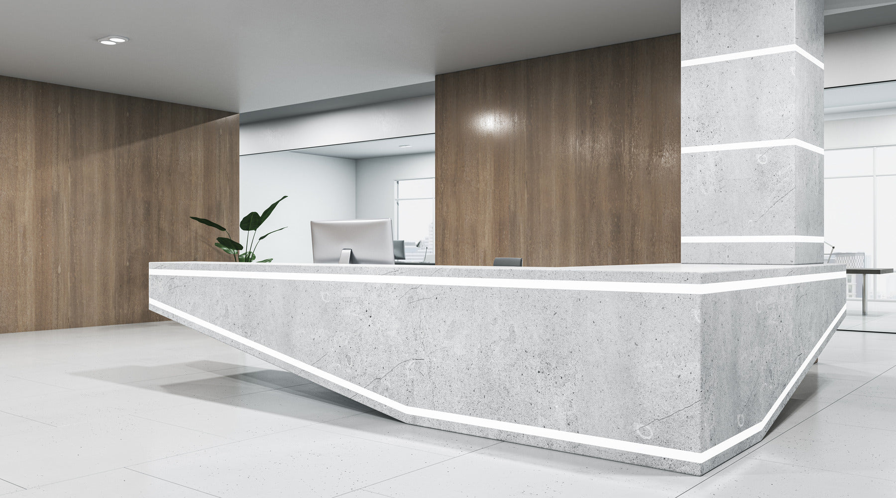 Clean concrete and wooden office interior with reception desk illuminated with recessed lighting