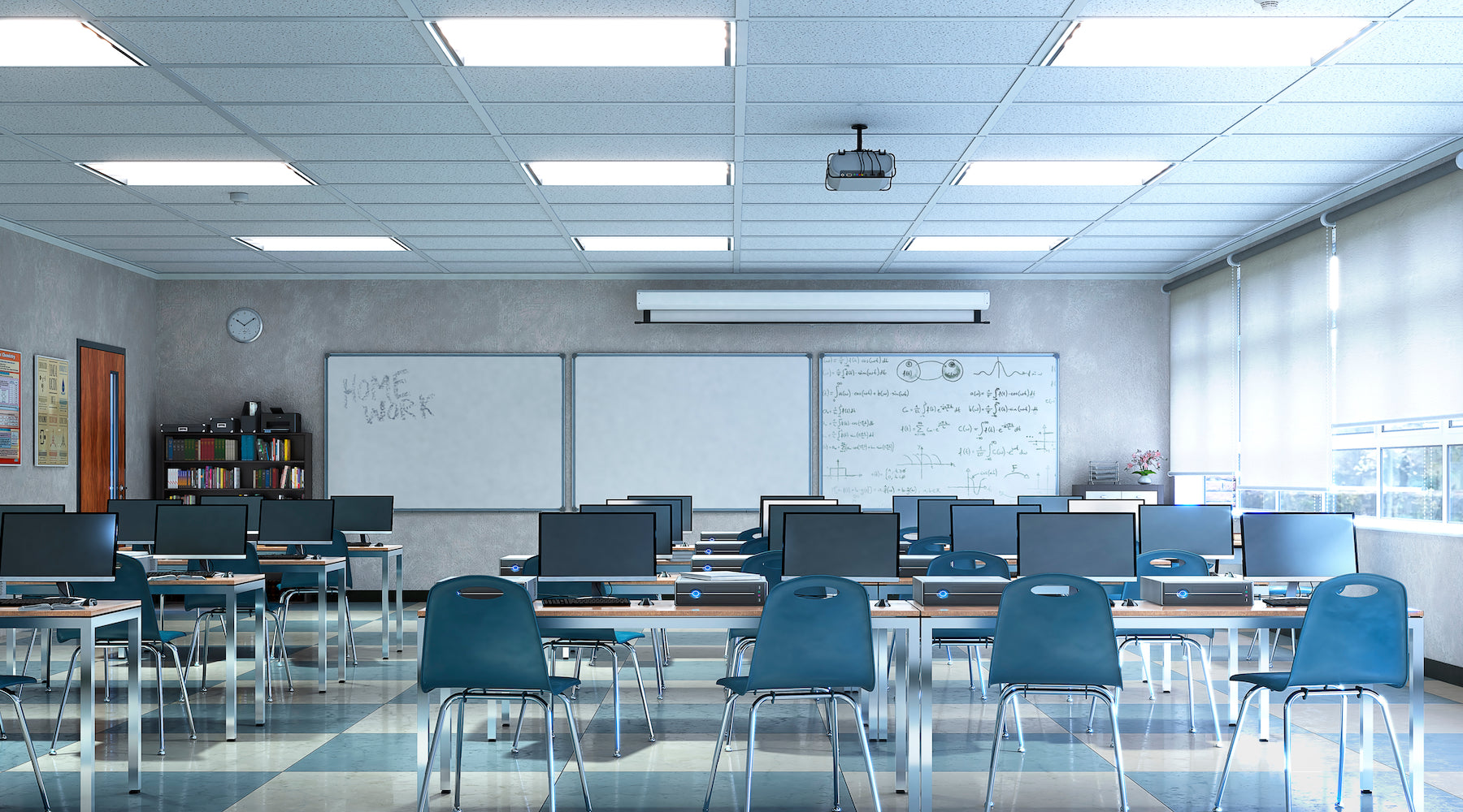 Classroom lighting installed in ceiling of empty high school classroom