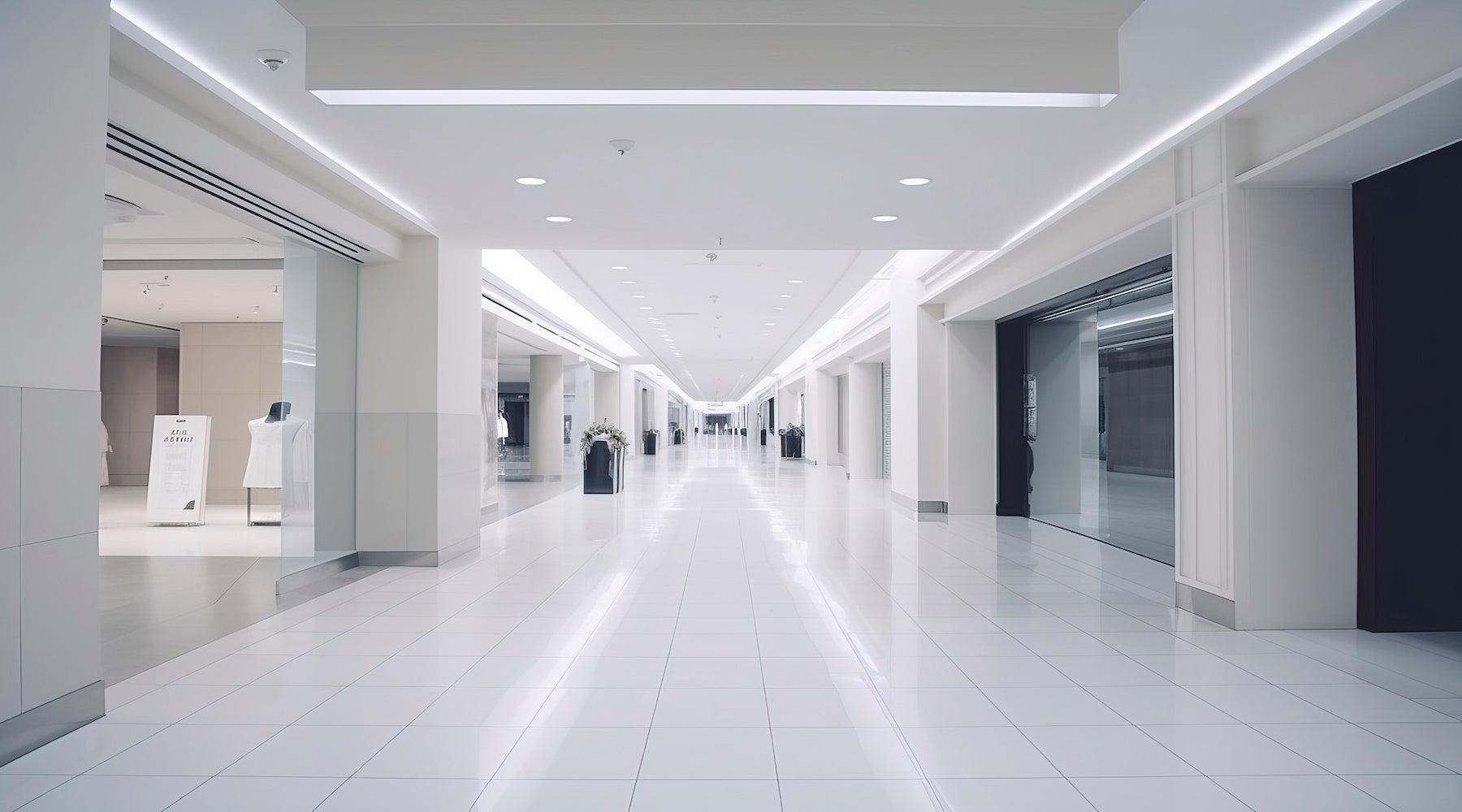 LED CFL retrofit lamps installed in recessed ceiling lights located in large shopping center