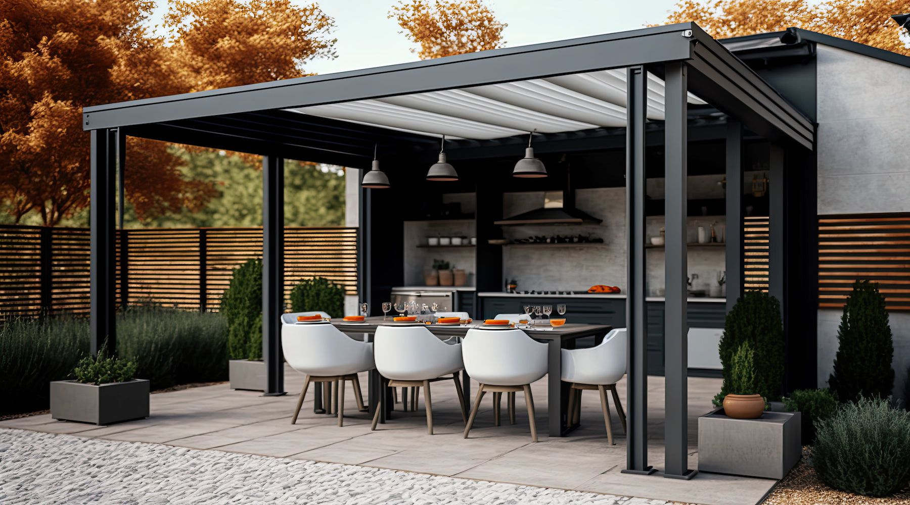 Outdoor hanging lights installed over a table under a pergola