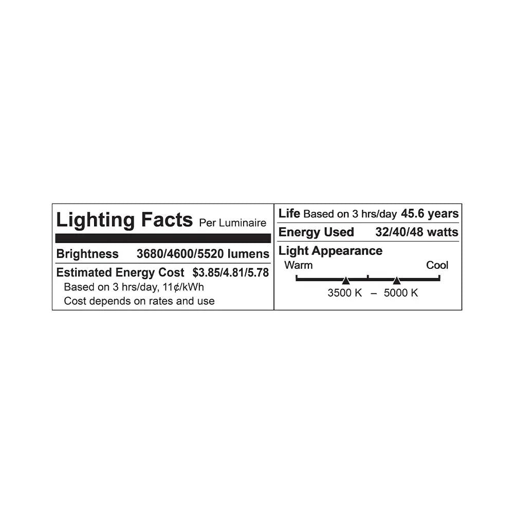 4 Foot Wrap Fixture, 32W / 40W / 48W, 3680 thru 5520 Lumens, 35K / 4K / 5K, 82+ CRI, 0-10V Dimmable, 120-277V