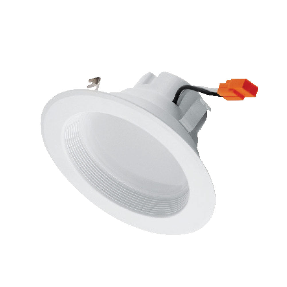 A close-up of a 4&quot; LED recessed lighting retrofit conversion kit by Euri Lighting, providing 910 lumens of bright, long-lasting light. Dimmable and UL Listed, this white fixture seamlessly replaces 75-watt incandescent bulbs.