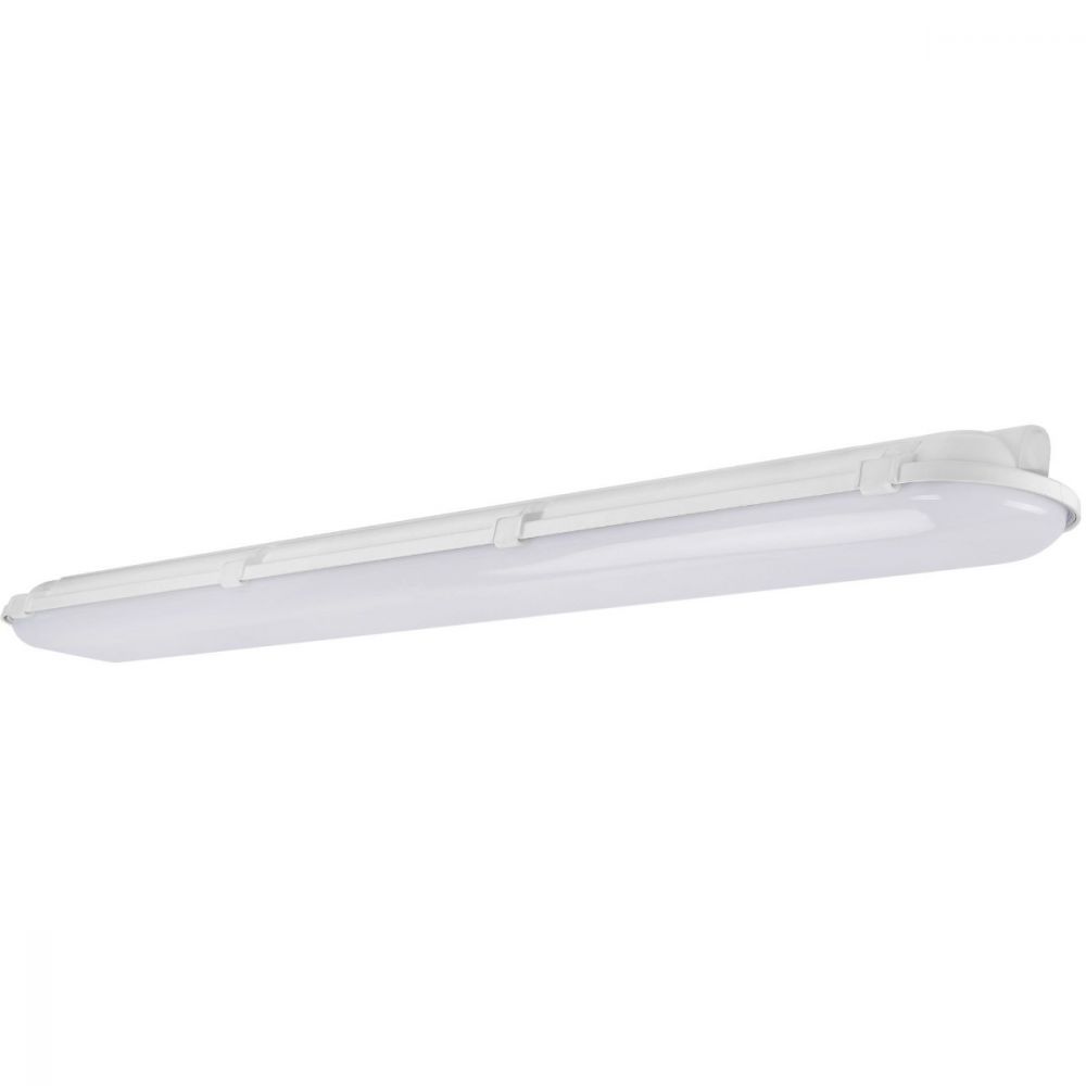 A 4&#39; Vapor Tight LED Fixture by SLG Lighting, providing 9890 lumens of light output. Ideal for harsh environments like parking garages, warehouses, and food processing facilities. Energy-efficient and UL Listed, FCC Compliant, RoHS Compliant, IP65 Rated, NSF Rated.