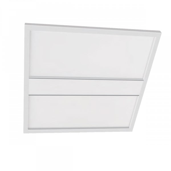 Architectural LED lighting for drop ceilings, featuring a white rectangular object with beveled design and a center stripe. Provides 2750-3850 lumens of color selectable white light. Perfect for commercial indoor lighting projects.