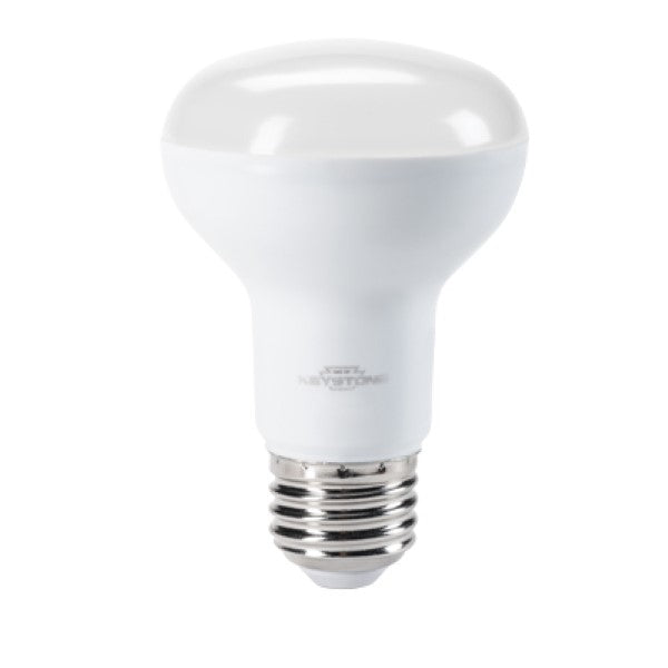 A BR20 LED light bulb with a white base and silver neck, emitting soft-edged directional lighting. Ideal for replacing halogen bulbs, it offers 525 lumens and up to 80% energy savings. Designed with a wide beam angle and long lifespan of 15,000 hours. Perfect for indoor recessed downlights.