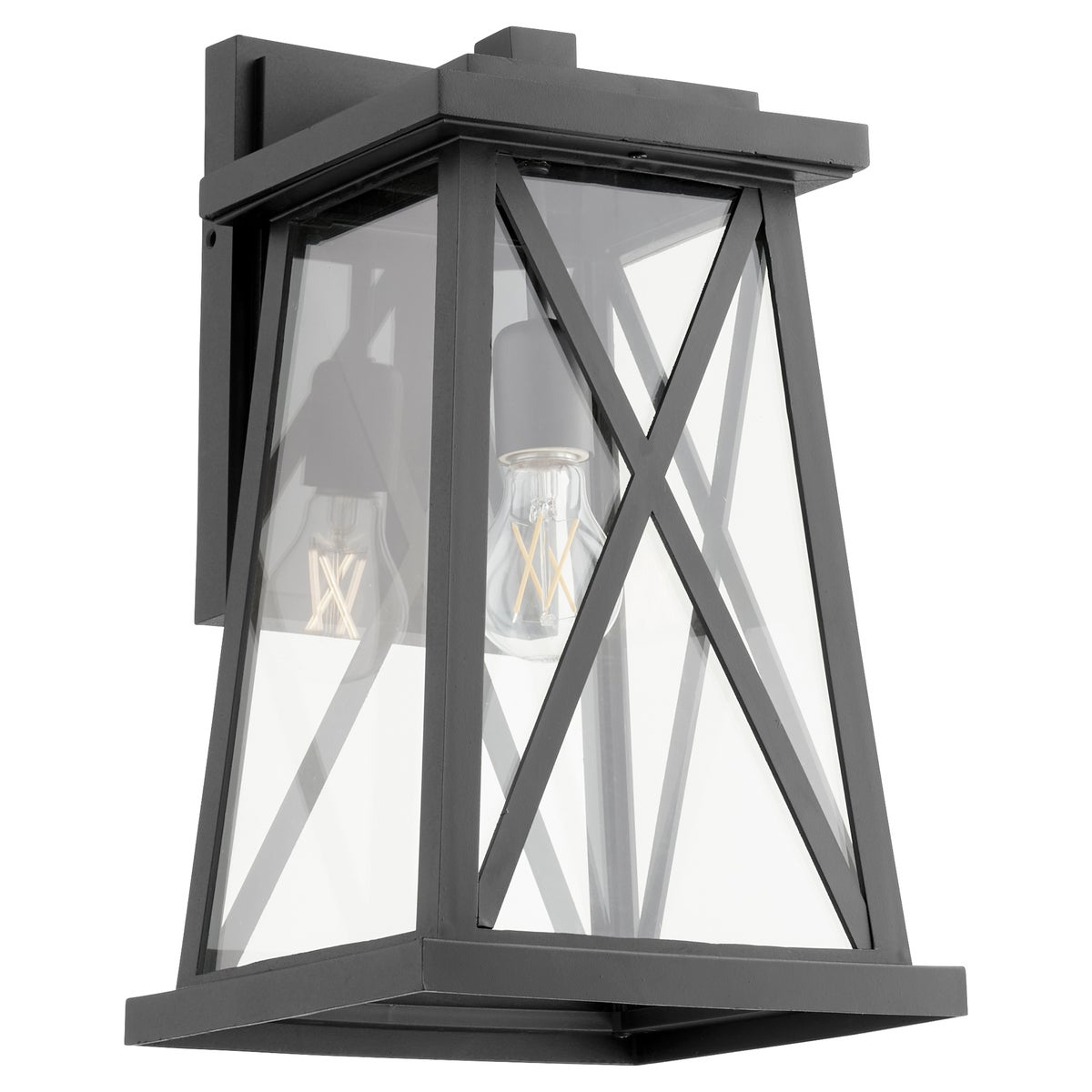 Black Outdoor Wall Light with X-brace design and glass. Warm glow cascades from this elegant fixture. Perfect for any outdoor space.
