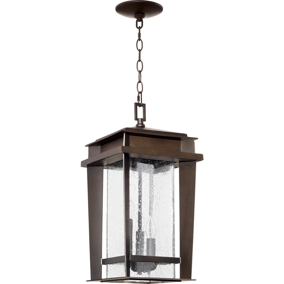 Bronze Outdoor Hanging Light fixture with a chain and a clear seeded glass shade diffuser. Adds mid-century modern flair to your home's exterior. Safe for damp or wet environments. Perfect for covered porches, patios, or verandas. Crafted from durable metal. Wattage: 60W. Dimensions: 9.5"W x 17"H. UL Listed. Wet Location safety rating. 2-year warranty.