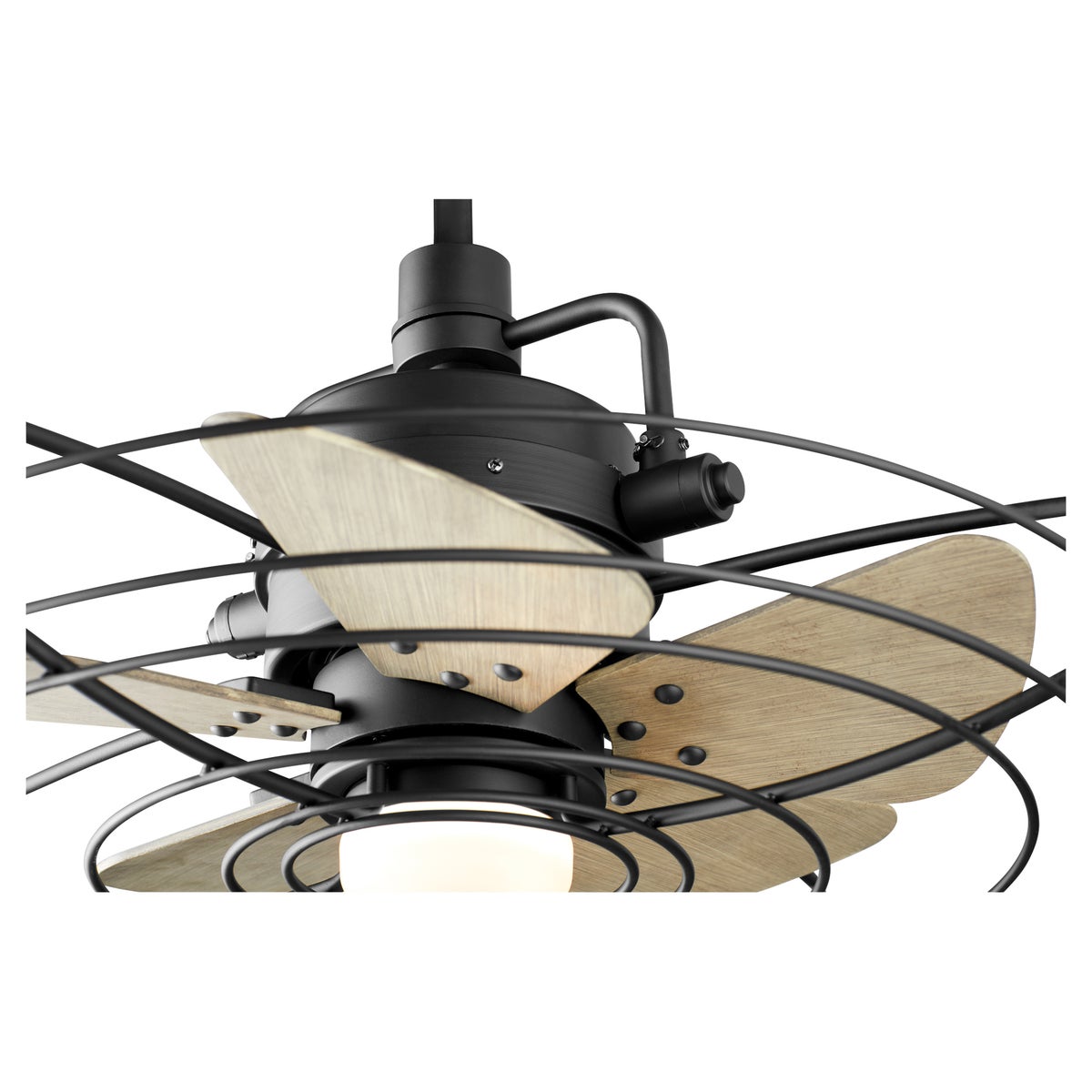 A modern twist on a classic design, this caged ceiling fan with light is perfect for small and mid-sized spaces. Damp-listed for outdoor covered areas. Elevate your space with this Quorum International 5-blade fan.