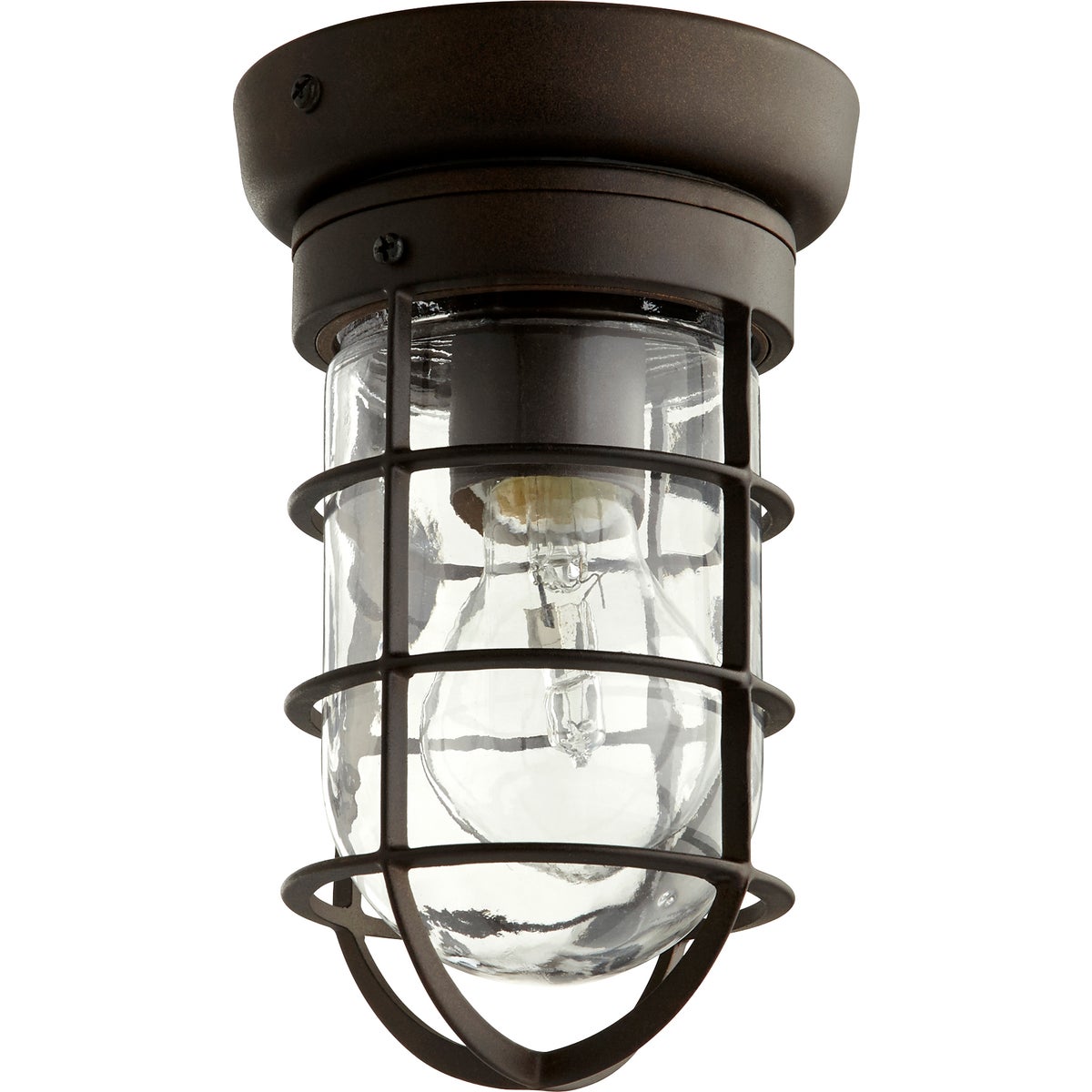 Coastal outdoor ceiling light with clear glass shade and cage enclosure, perfect for coastal and rustic outdoor settings. Adds exceptional style and welcoming light to home exteriors. Install on porch, deck, or balcony for eye-catching illumination. Quorum International brand. 60W, 120V, UL Listed, wet location safety rating. Dimensions: 4.5"W x 8.25"H. 2-year warranty.