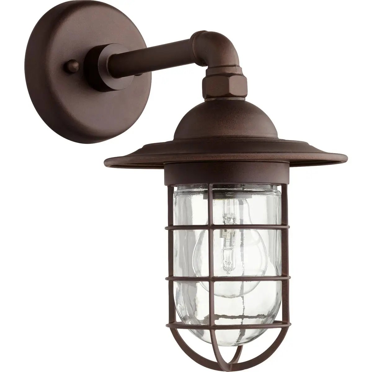 Coastal Outdoor Wall Light with Clear Glass Shade, perfect for coastal and rustic outdoor settings. Adds exceptional style and welcoming light to home exteriors. Fits in front or back entryway, garage door. 7.5"W x 12.25"H x 12"E. 60W, 120V, Medium E26 base. UL Listed, Wet Location. 2-year warranty.