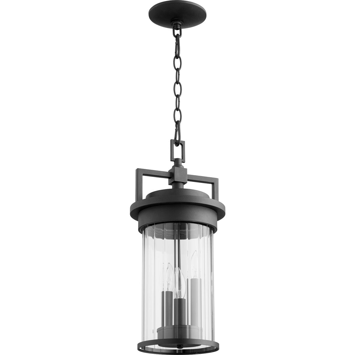 Contemporary Outdoor Hanging Light with clear glass shade, crafted from durable metal. Drum-shaped silhouette with clean lines. Wet location rated. 40W, 120V, 3 bulbs (not included). Candelabra E12 base. Dimmable. UL Listed. 8"W x 18.25"H. 2-year warranty.