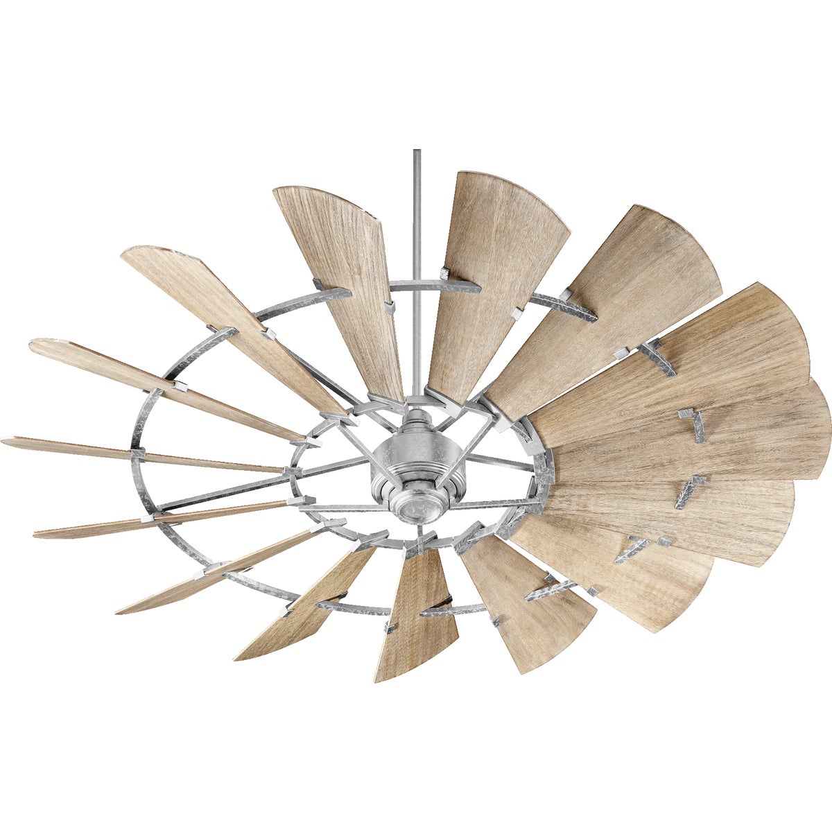 Farmhouse Ceiling Fan with 15 wooden blades in weathered oak finish, rustic design inspired by outdoor windmills. Quorum International DC-165L motor, UL Listed, Dry Location safety rating. Dimensions: 16.5"H x 72"W. Limited Lifetime warranty.
