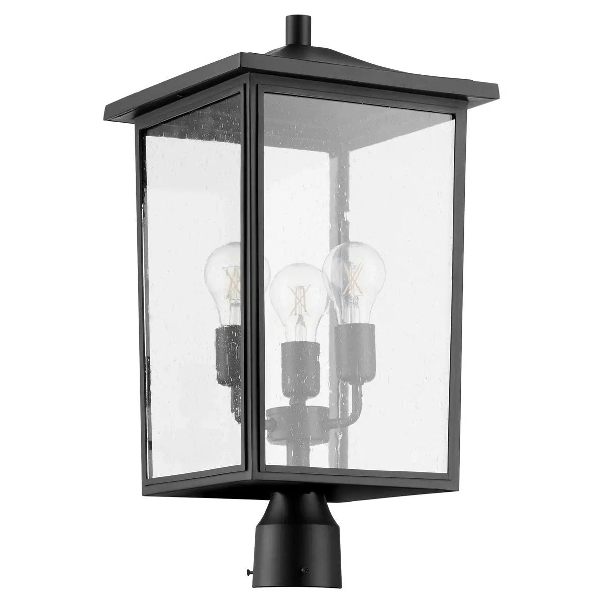 A black farmhouse outdoor post light with clear glass enclosure, featuring three 60W medium base light sources. Provides a warm ambient glow and adds a classic touch to your outdoor ensemble. Dimensions: 11"W x 21.5"H.