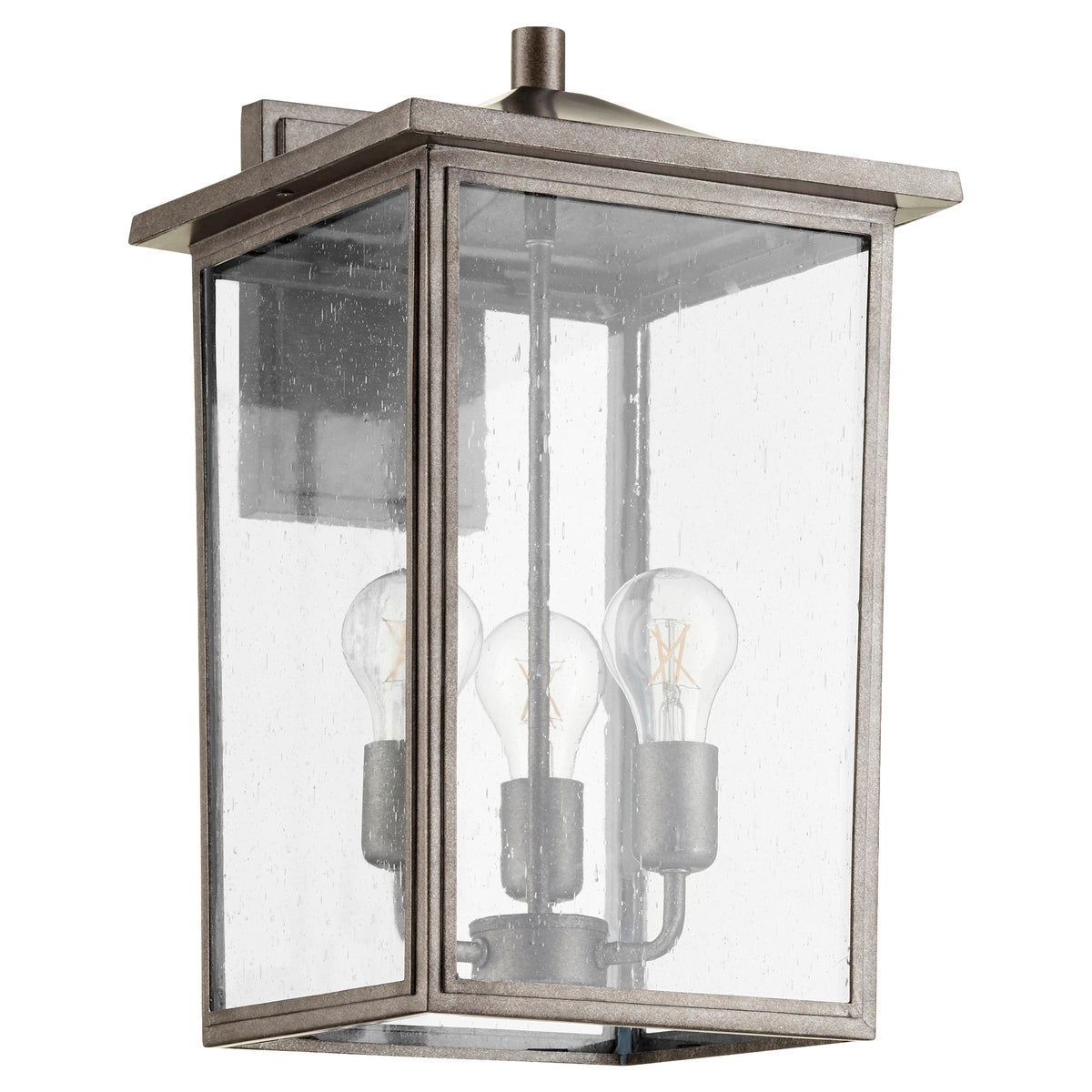 Farmhouse outdoor wall light with clear-seeded glass enclosure and three 60W medium base light sources. Adds a classic touch to your outdoor ensemble, providing warm ambient glow. Ideal for wet locations. Dimensions: 11"W x 18"H x 12.5"E. Warranty: 2 Years.