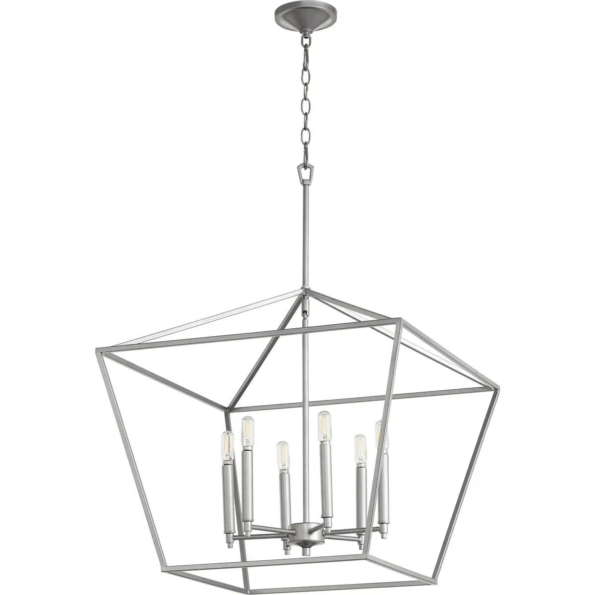 A farmhouse pendant light with a metal frame and open tapered shade, perfect for adding farmhouse charm to your space. Fits candelabra bulbs and provides ample illumination. Ideal for foyers, hallways, or kitchens. Dimensions: 24"W x 23"H. Brand: Quorum International.