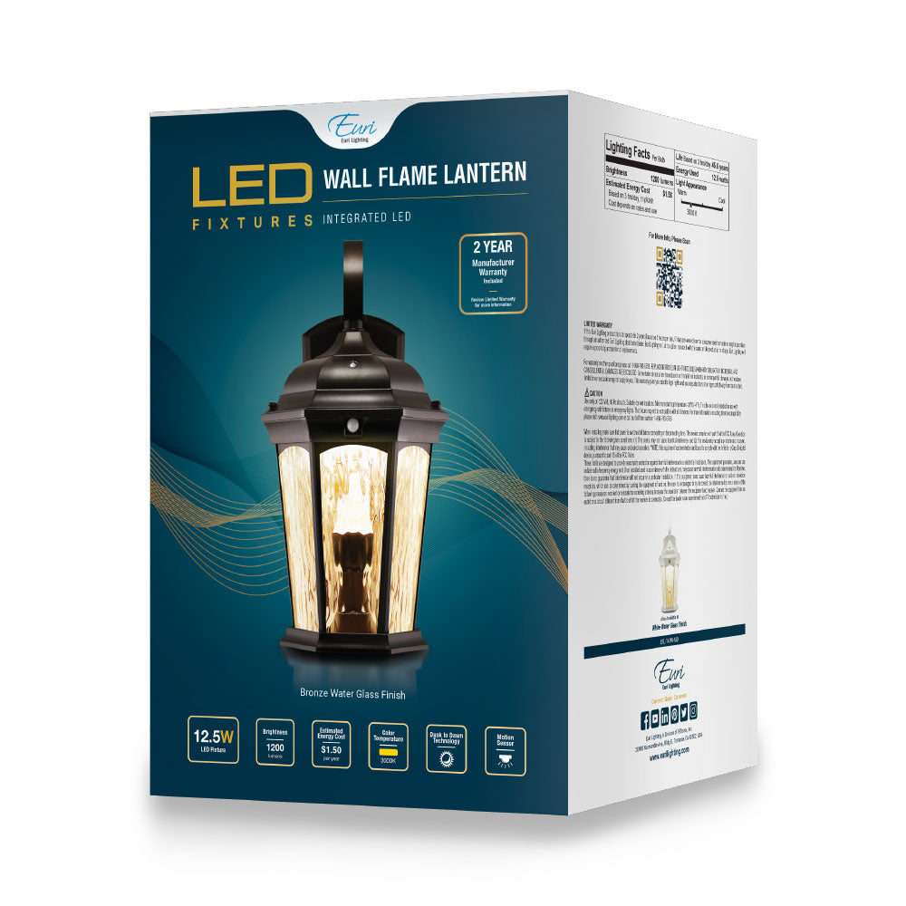 Euri Lighting Flickering Flame Lantern, 12.5 Watt, 1200 Lumens, Dusk-to-Dawn and Motion Sensor