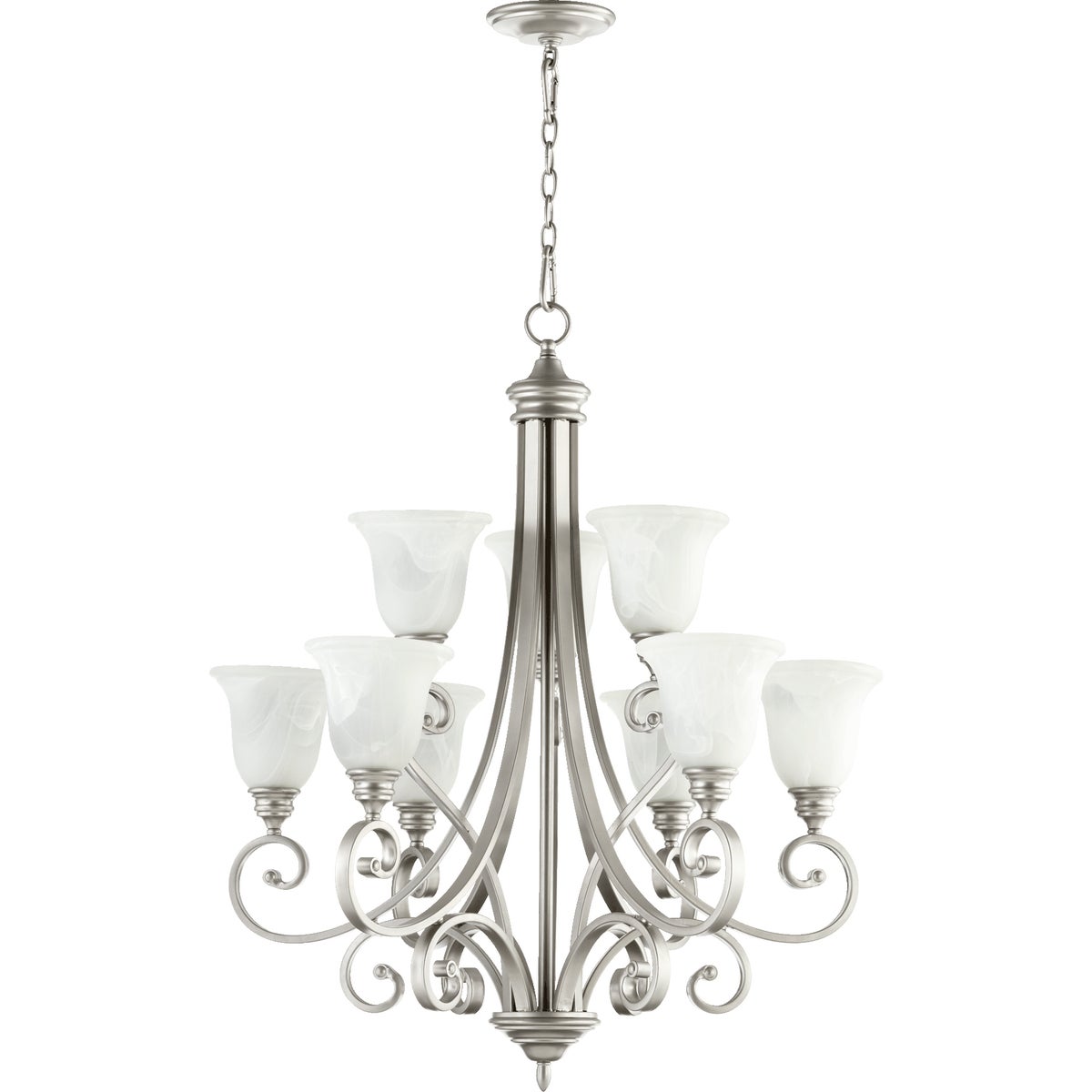 Foyer Chandelier with White Glass Shades, Curvaceous Arms, and Symmetrical Balance. Celebrate timeless lighting design with this luxury Quorum International fixture. Perfect for traditional and transitional spaces. 31&quot;W x 36.25&quot;H. 2-Year Warranty. UL Listed for Dry Locations. 9 Medium E26 Bulbs (60W, not included). Dimmable.
