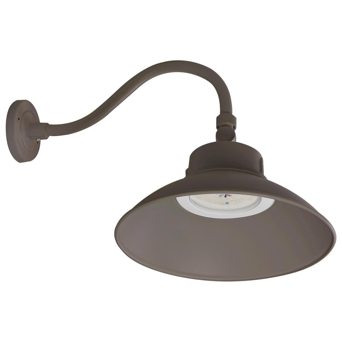 Gooseneck LED light fixture with curved arm and swivel head for customizable lighting. Rustic style, integrated with modern LED technology. Perfect for indoor or outdoor use. Provides up to 5500 lumens of CCT selectable white light. High-quality aluminum housing with powder coat finish. 30W, 40W, or 50W options. 120-277V input voltage. 3000K, 4000K, or 5000K color temperature. 80 CRI. Non-dimmable. Wet location safety rating. Dimensions: 14.17"W x 14.96"H x 23.23"E. 5-year warranty.