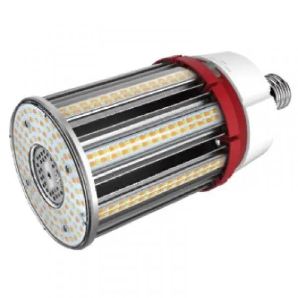 High Power LED Corn Cob Light Bulb, a close-up of a cylinder-shaped light bulb with a blurry circular object, providing 9135 to 14500 lumens of powerful white light. Replaces HID lamps with energy-saving LED in wall packs, canopy fixtures, or shoebox fixtures. 120-277V input voltage, 3000K-5000K color temperature, and 5-year warranty.