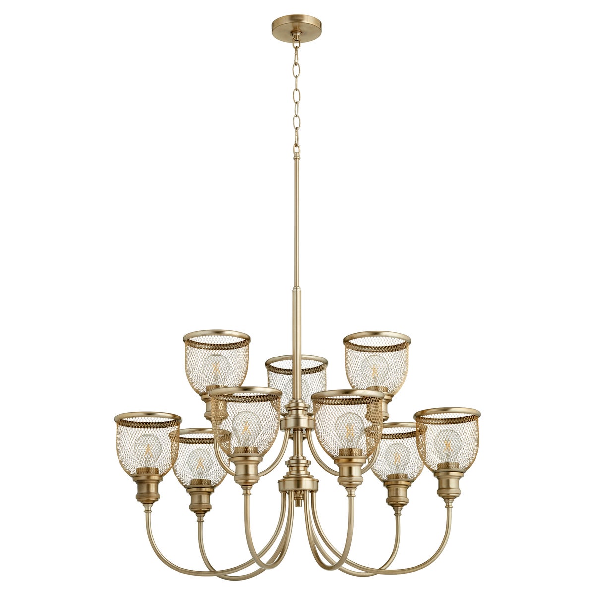 Industrial Chandelier with wire mesh shades, showcasing a marvelous mesh silhouette and subtle shaded bulbs. Transitional styling for contemporary and traditional settings. 32"W x 25.25"H. Quorum International.