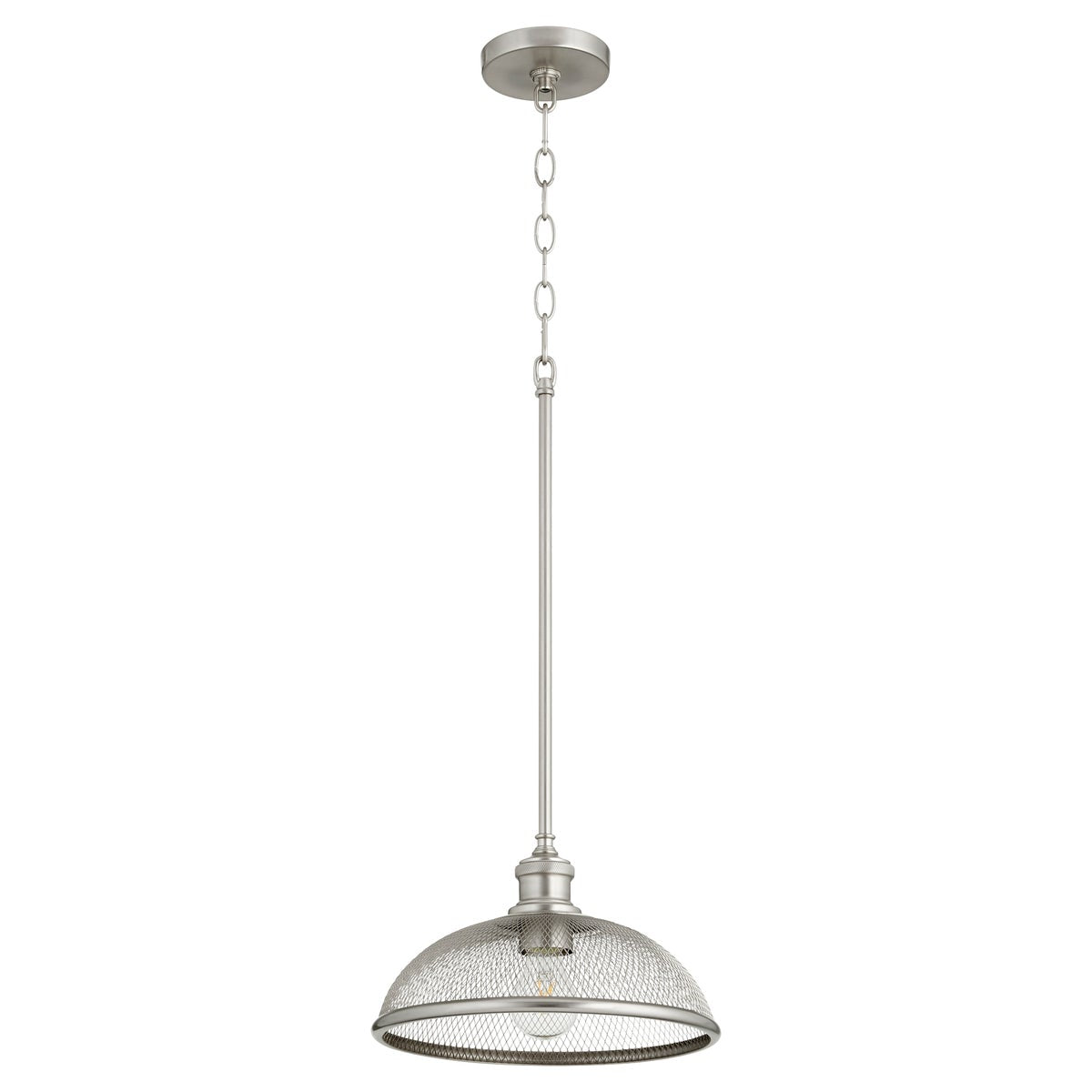 Industrial Pendant Light with mesh silhouette and crisscross patterns, showcasing subtle shaded bulbs. Versatile transitional styling for contemporary and traditional settings. Quorum International brand. 100W, 1-bulb fixture. 12"W x 7.25"H. UL Listed, Damp Location safety rating. 2-year warranty.