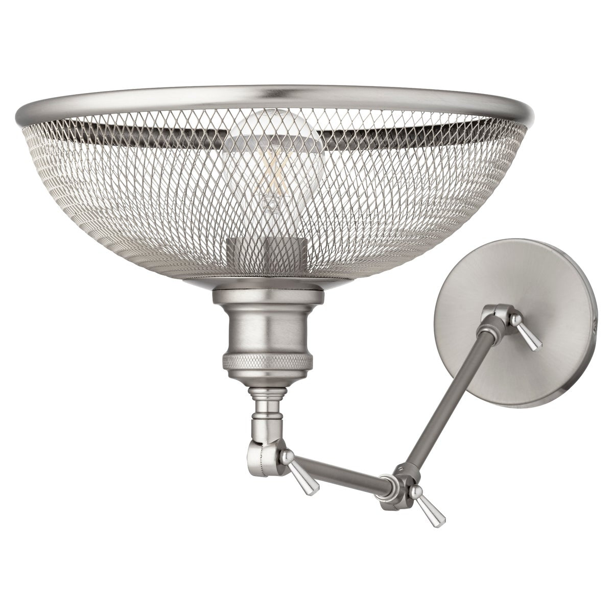 Industrial Wall Sconce with wire mesh shade, showcasing crisscross patterns and repeating angles. Versatile and transitional, this Quorum International lighting fixture amplifies design and subtly shaded bulbs. 12"W x 11.5"H x 24"E.