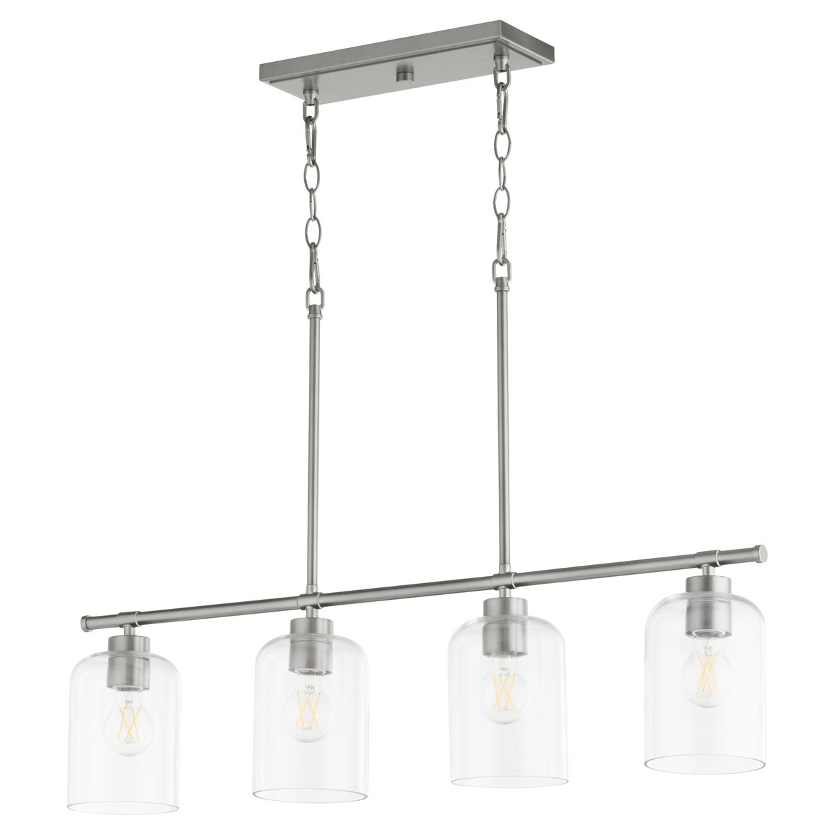 Kitchen Pendant Light: A classic design with clear glass shades fixed to linear frames in matte black, aged brass, or satin nickel finishes. Perfect for indoor and outdoor use, this enduring pendant light provides a subtle, comforting glow.