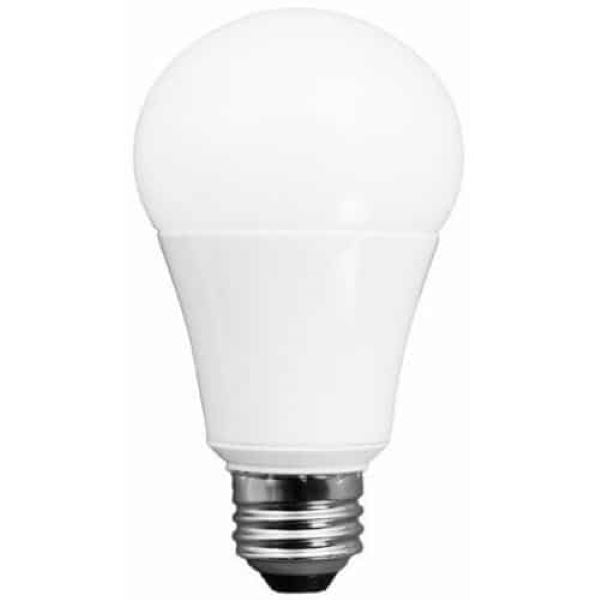 LED A19 Bulb with white base and black handle, providing 825 lumens of light output. Replaces 60-watt incandescent bulbs. Dimmable, 9 Watts, 120V input voltage. Certified cULus Listed and Energy Star Rated. Dimensions: 2.4"D x 4.3"H. 25,000 rated hours, 5-year warranty.