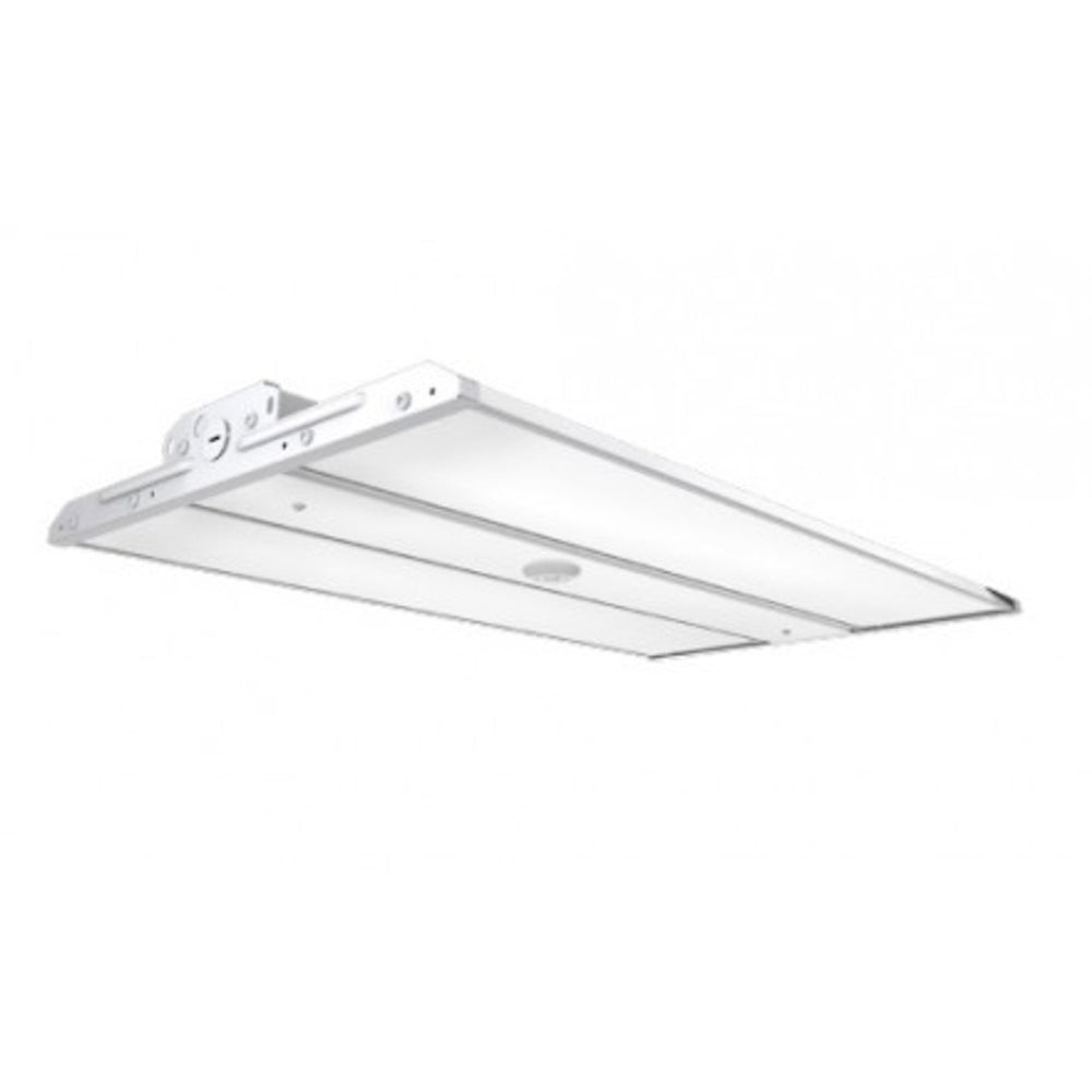 LED Linear High Bay: A white rectangular light fixture with an architectural I-Beam design. Provides 20900 to 30600 lumens of uniform white light. Ideal for commercial and manufacturing facilities, gymnasiums, and retail aisles. Easy to install with various mounting options.