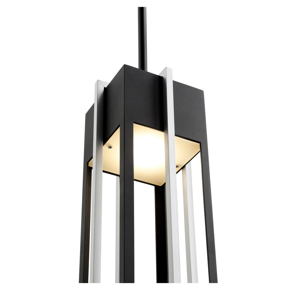 LED Outdoor Hanging Light with a unique geometric design, dual-layered frame, and noir/satin nickel finish. Provides guiding light for guests.