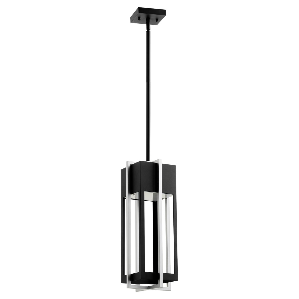 LED Outdoor Hanging Light with a unique geometric design, dual-layered frame, and noir/satin nickel finish. Provides guiding light for guests.