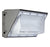 A close-up of a silver LED Wall Pack by SLG Lighting, providing 11200 lumens of light output for general purpose area and security lighting. Efficient and energy-saving, it consumes less energy than traditional wall mount technologies. UL Listed, FCC Compliant, RoHS Compliant, IP65 Rated, and DLC Standard Listed. Dimensions: 18"W x 8.72"D x 9.83"H. 10-year warranty.