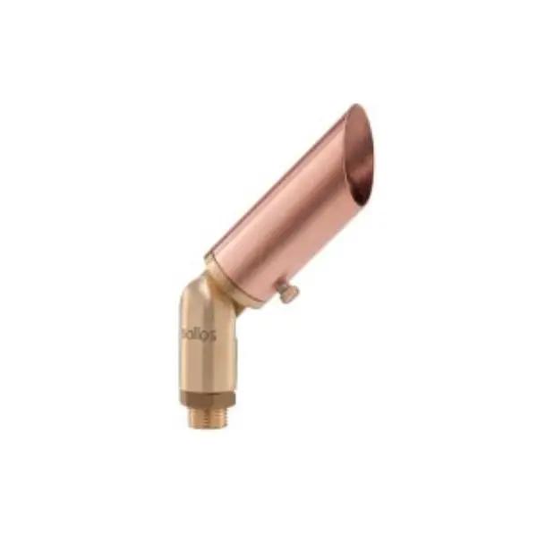 A close-up of a copper pipe, part of the Landscape Spot Light by Sollos Lighting. Perfect for outdoor landscaping areas. 35W, 12V, MR11 bulb, dimmable, ETL Listed, wet location, copper finish. 1.4"W x 7.8"H. Lifetime warranty.