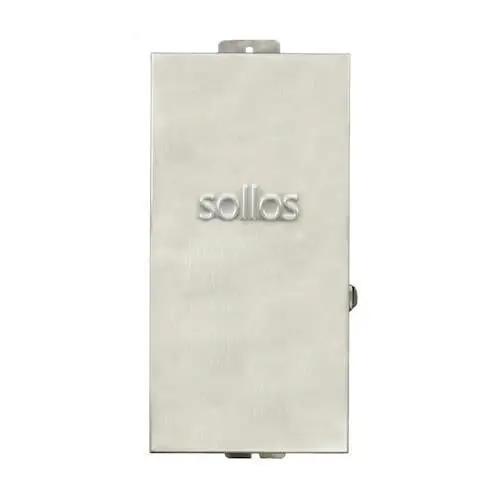 A white rectangular landscaping lights transformer with a stainless steel finish. Features multiple knockouts for power and photocell connections, plug-in outlets, and a heavy gauged grounded and water-resistant cord. Dimensions: 8"W x 7.25"D x 13.5"H. Brand: Sollos Lighting.