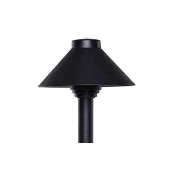 A Sollos Lighting Landscaping Path Light with a black lamp post and cone-shaped shade, perfect for illuminating pathways and walkways. 20W, 12V, T3 bulb type, dimmable, ETL Listed, wet location rated. 5.5"W, 5-year warranty.