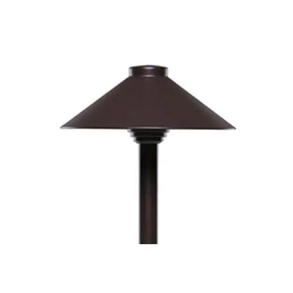 A close-up of a Sollos Lighting Landscaping Path Lighting Fixture, showcasing a lamp with a cone-shaped shade. Perfect for highlighting pathways and walkways.