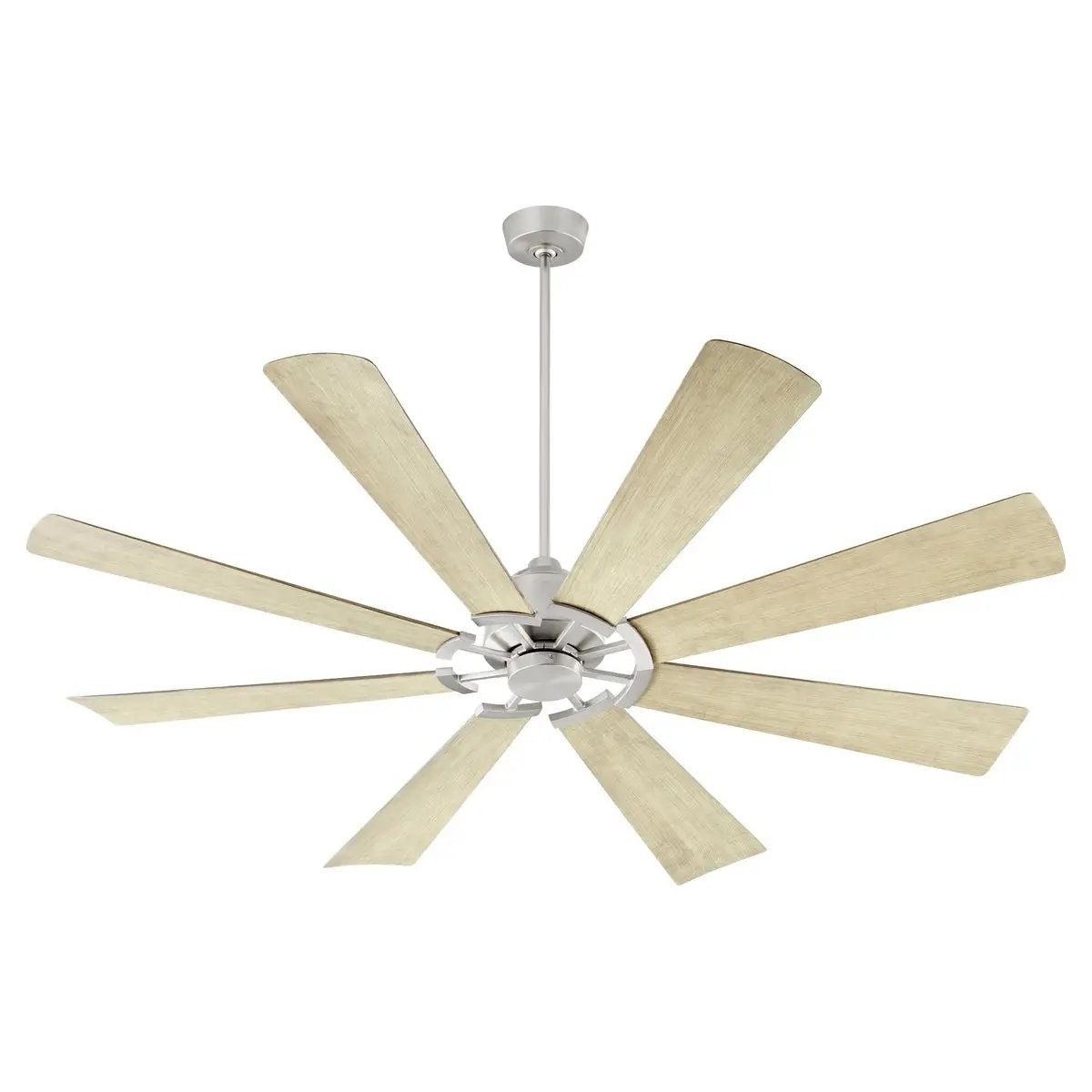 A modern ceiling fan with 8 wood blades and a light fixture, perfect for mid-sized and larger spaces. Damp listed for outdoor covered areas. Elevate your space with this Quorum International Modern Ceiling Fan.
