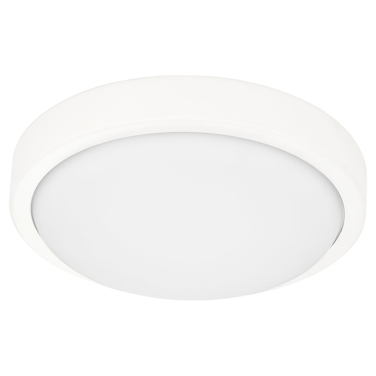 A white round LED light fixture for modern ceiling fan. Suitable for all decor styles. Energy-efficient, long-lasting. Quorum International brand. 24W, dimmable, UL Listed. 2-year warranty. Dimensions: 8.75"W x 2.25"H.