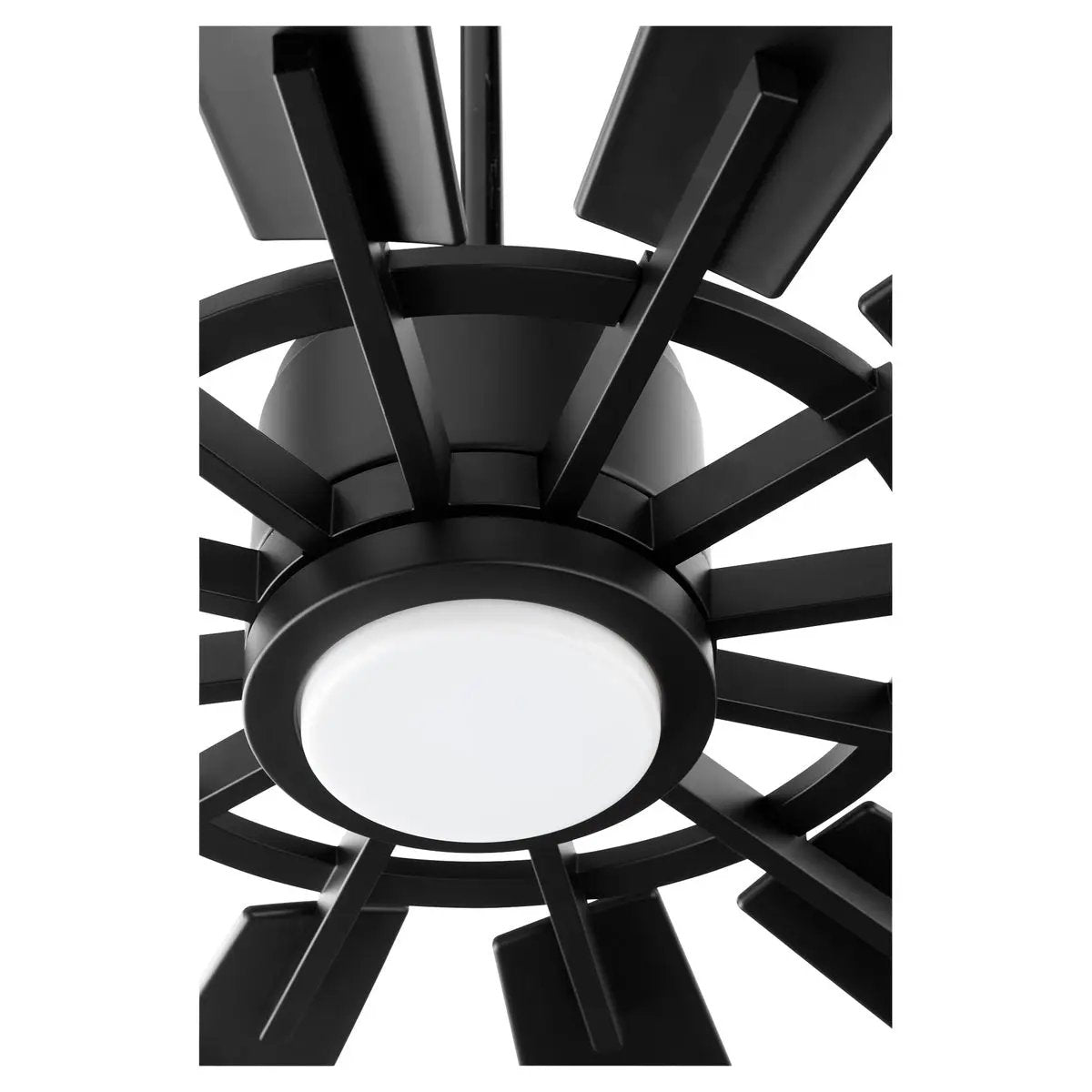 Outdoor Ceiling Fan with Light: A black fan with a multi-blade system attached to a dark chromatic housing motor. Designed for high-performance outdoor air circulation.
