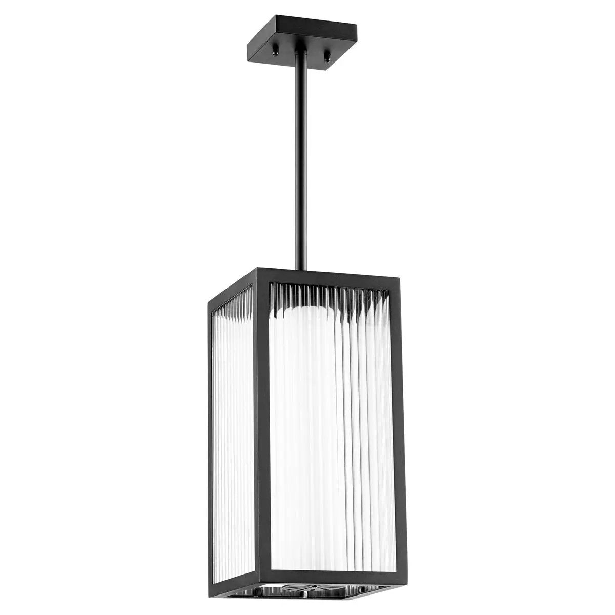 Outdoor Modern Pendant Light with sleek design, boxed shape, and frosted shade inside clear fluted glass exterior. 3 dimmable LED light sources. Perfect for covered patio. Quorum International, 12W, 120V, 3000K, CRI 90, UL Listed, Wet Location, 7.25"W x 17.13"H, 2-year warranty.