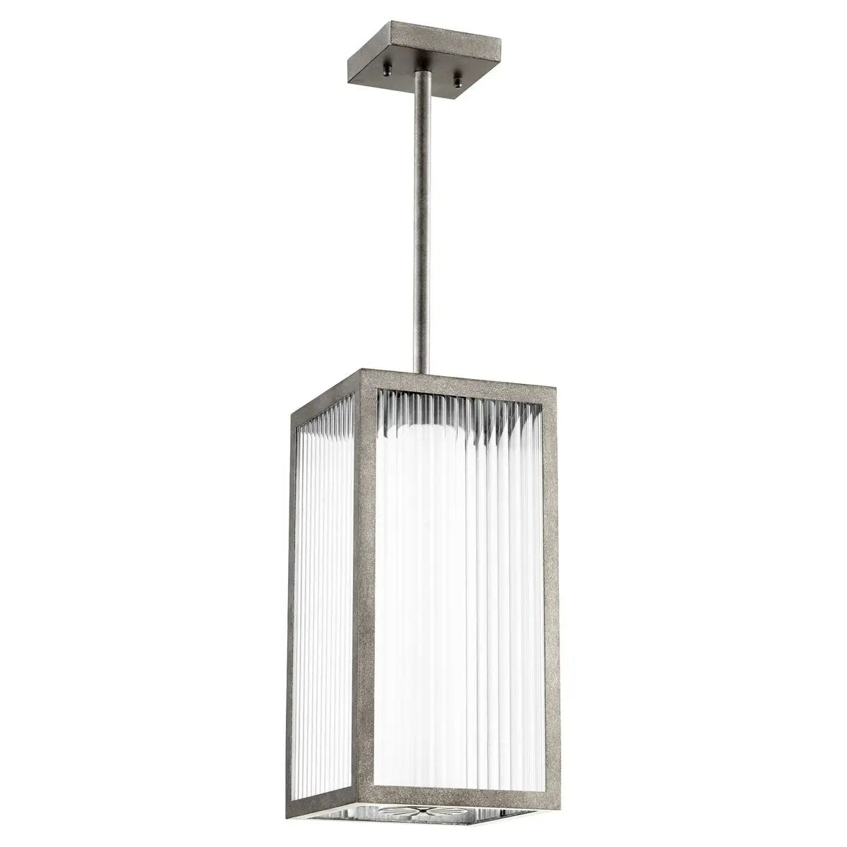 Outdoor Modern Pendant Light with sleek design, frosted shade, and clear fluted glass exterior. 3 dimmable LED light sources. Perfect for covered patio.