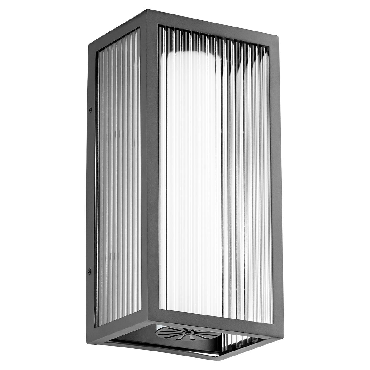 Outdoor Modern Wall Light with frosted shade housed inside clear fluted glass exterior, providing updated look and functional beauty to your outdoor ensemble. 3 efficient, dimmable LED light sources. Noir finish. 7.25"W x 14.75"H x 5.75"E. UL Listed, Wet Location. 2-year warranty.