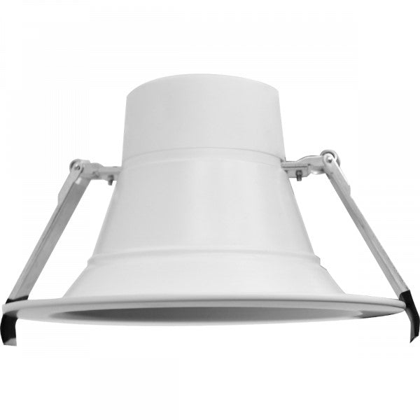 A white plate with a recessed lighting drop ceiling above it, providing strong and smooth multi-CCT white light. 1800-3000 lumens, CCT selectable, lumen adjustable, dimmable LED.
