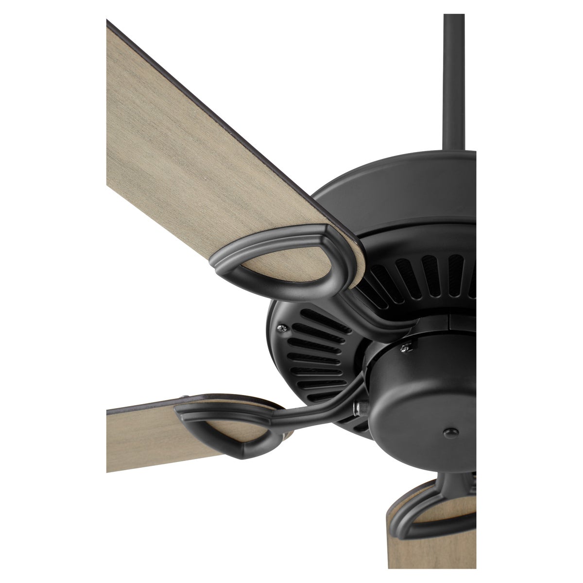 Traditional Ceiling Fan with wood blades, complementing wooden items. Classic design, rounded-edged blades held by a simple stylistic structure. Brand: Quorum International. Motor Size: 153x15. Watts: 66/29/9. Amps: .58/.39/.21. RPMs: 175/104/58. 5 blades, 14-degree pitch. Certifications: UL Listed. Safety Rating: Dry Location. Finish options: Antique White, Matte Black, Oiled Bronze, Old World, Satin Nickel, Studio White, Toasted Sienna, White. Dimensions: 12"H x 52"W. Warranty: Limited Lifetime.