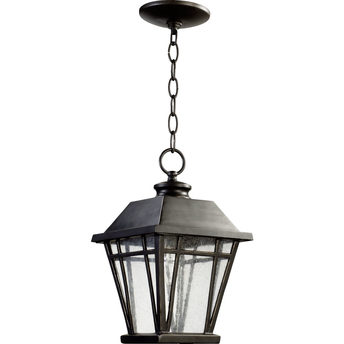 A traditional outdoor hanging light with a black fixture and clear glass panes, adding rustic charm to your outdoor space.