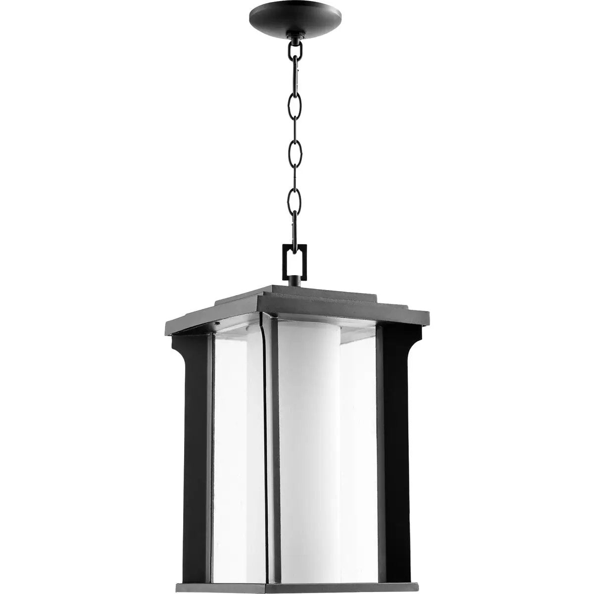 Transitional Outdoor Hanging Light with molded details and boxed design, crafted from metal with a noir finish. Features a satin opal glass cylinder diffuser for a nice ambient glow. UL Listed for wet locations. Dimensions: 10"W x 16"H. 2-year warranty.