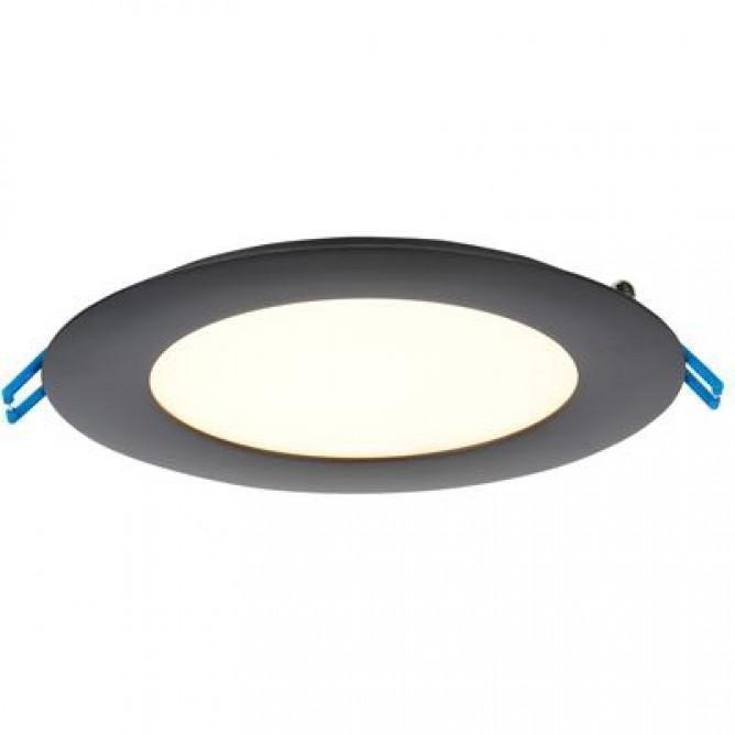 A white ultra thin LED recessed light fixture with blue clips, providing 1050 lumens of light output. No rough-in can required for installation. 7.5"D x .5"H.