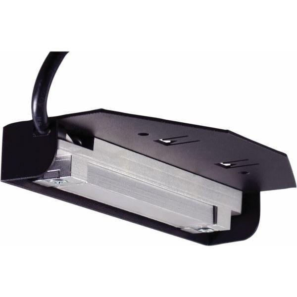 Under Ledge Landscape Light: A close-up of a metal object, a router. Perfect for illuminating deck steps. 0.6W, 12V LED bulb included. ETL Listed, wet location safety rating. Textured Black, Textured Bronze finish. 5.9"W x 0.913"D. Lifetime warranty.