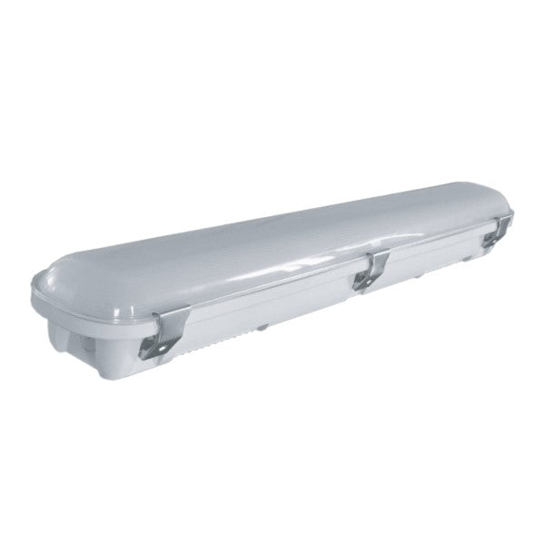 Vapor Tight Fixture: A white rectangular object with a lid and metal handles, providing energy-efficient and long-lasting LED lighting. With a durable construction, it protects LEDs from dirt, dust, and moisture. Wattage and color temperature selectable. 23.6"L x 3.5"W x 3.1"H.