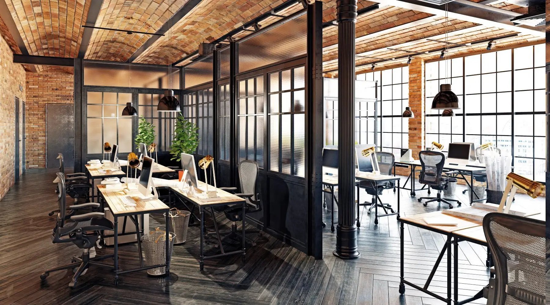 Commercial and residential lighting installed in empty office with desks and chairs